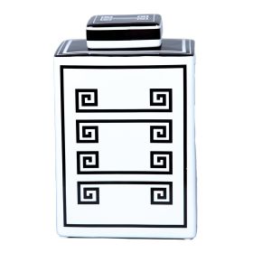 Rectangular Ceramic Decorative Jar with White and Black Geometric Design