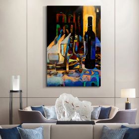 Framed Canvas Wall Art Decor Abstract Style Painting,Wine Bottle with Glasses on Bar Painting Decoration For Bar, Restrant, Kitchen, Dining Room, Offi