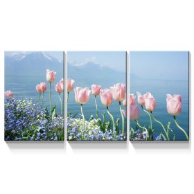 3 Panels Framed Pink Tulip Beside Sea Canvas Wall Art Decor,3 Pieces Mordern Canvas Decoration Painting for Office,Dining room,Living room, Bedroom De