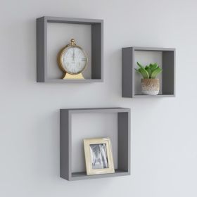 Wall Cube Shelves 3 pcs Gray MDF (Color: Grey)